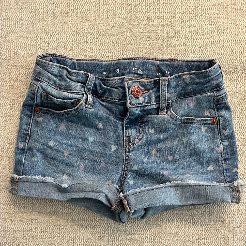 Cat & Jack Denim Heart Print Girls' Shorts - Light Blue with Pastel Hearts